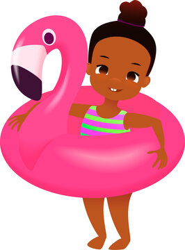 Girl with rubber swim ring flamingo.