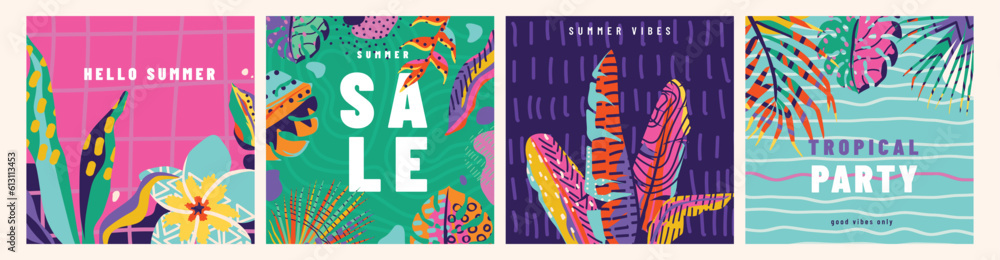 Poster tropical vector background set. summer pattern with textured palm