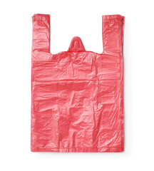 Stack of red plastic bags isolated on white, top view