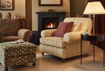 Modern classic sitting room decor, interior design and house improvement, living room furniture, armchair and home decor in English country house and elegant cottage style, generative ai
