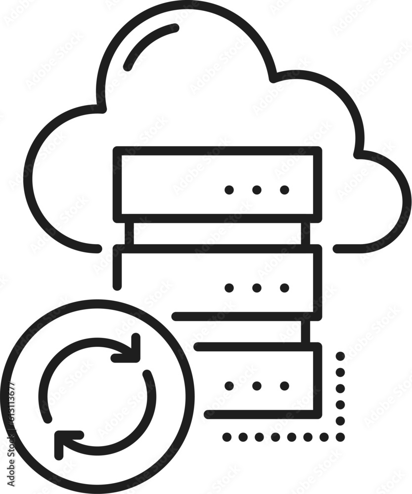 Poster Backup. CDN. Content delivery network icon, website administration technology, media data upload service and CDN server outline vector sign or thin line pictogram with computer and cloud