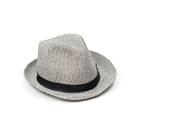 Light gray brim hat with black band, unisex, white background.