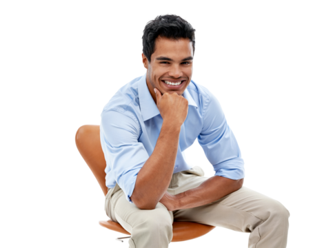 Business man, smile in portrait and relax on chair, success and job satisfaction isolated on transparent png background. Professional male person, happiness in career and confident with pride