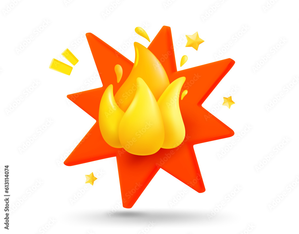 Poster Flame with explosion effect. 3d vector mobile application icon with notification