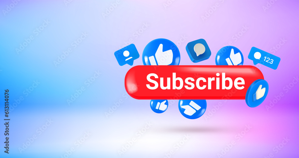Poster Social media icons and Subscribe button. Vector 3d banner with copy space