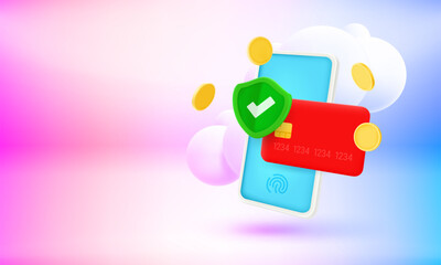 The shield with credit card and guard shield. Internet payment concept. 3d vector banner with copy space