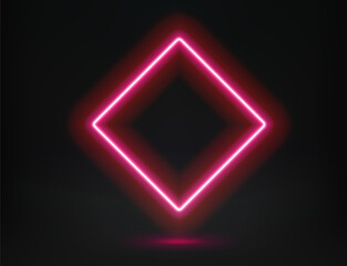 Abstract studio with glowing rhombus frame of neon light. 3d vector illustration