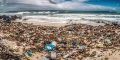 AI Generated. AI Generative. Ecology eco damage catastrophe. A lot of plastic trash garbage on beach ocean sea coast. Graphic Art