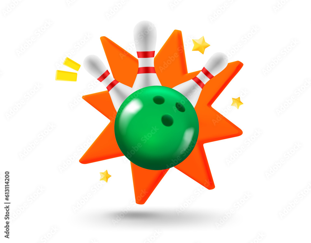 Aufkleber cloud with bowling skittles and explosion effect. 3d vector illustration