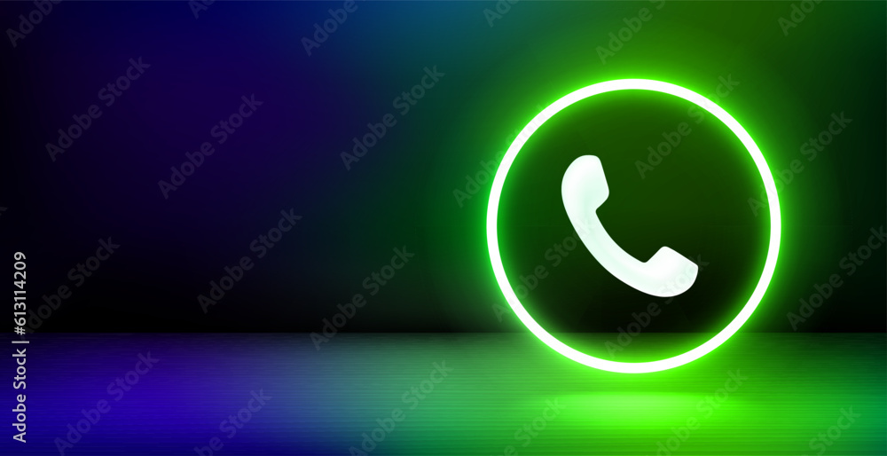 Poster product showcase and shining neon frame with telephone sign. 3d vector banner with copy space