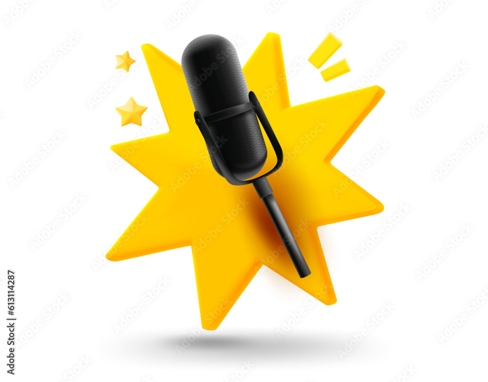 Poster Concert microphone with explosion effect. 3d vector mobile application icon with notification