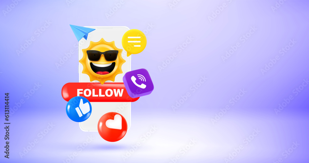 Poster man holding smartphone with social media icons and emoji. vector 3d banner with copy space