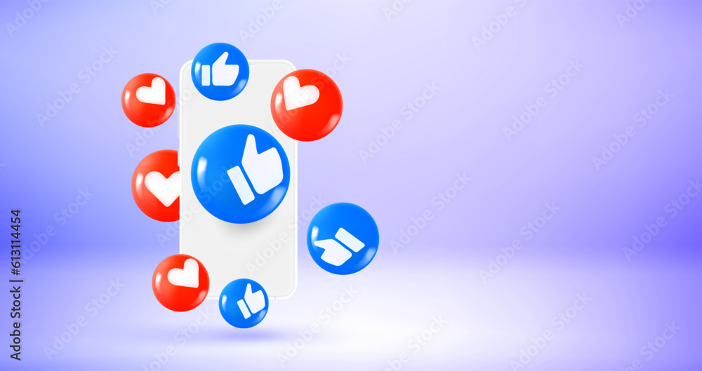 Poster man holding smartphone with social media icons. vector 3d banner with copy space