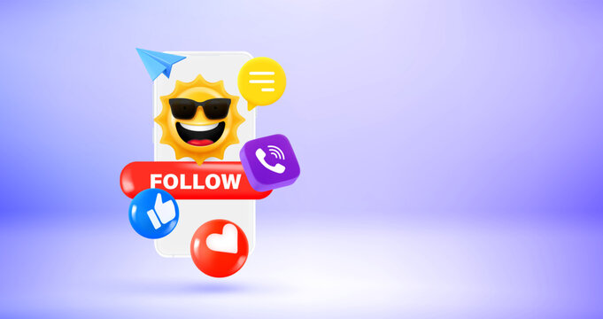Man holding smartphone with Social media icons and emoji. Vector 3d banner with copy space

