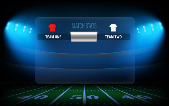 Illuminated rugby stadium with projectors and score board. 3d vector illustration