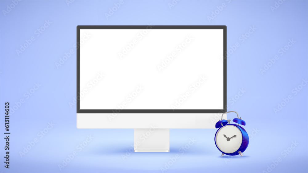Poster Modern computer with blank screen and blue clock. Time management concept. 3d vector mockup