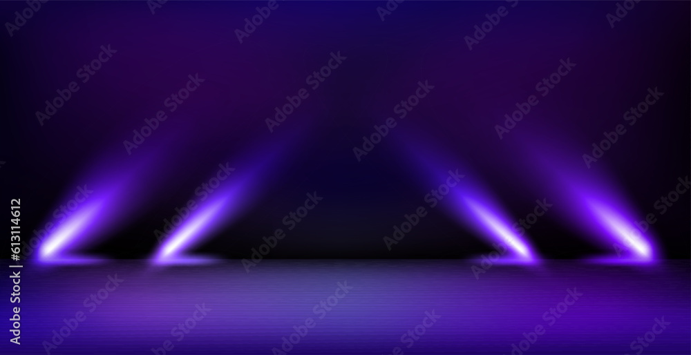 Poster empty interior with stage and shining projectors. 3d vector illustration