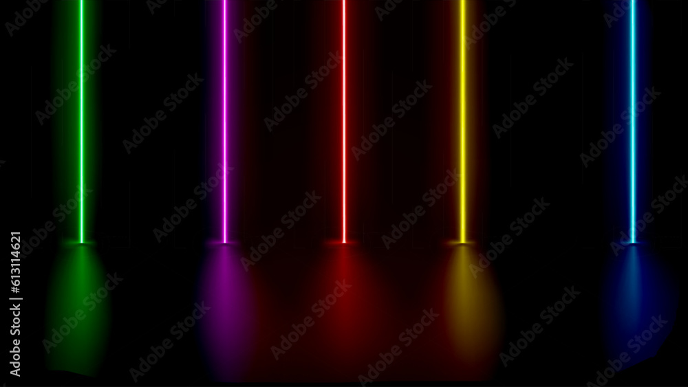 Poster abstract studio with glowing vibrant neon lights. 3d vector illustration