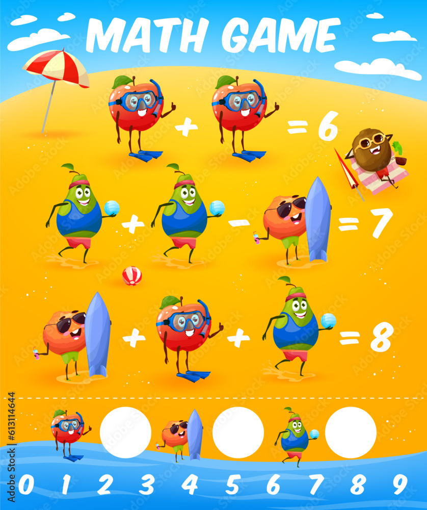 Poster math game worksheet. cartoon apple, pear and orange characters on summer beach. kids mathematical ve