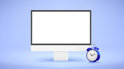 Modern computer with blank screen and blue clock. Time management concept. 3d vector mockup