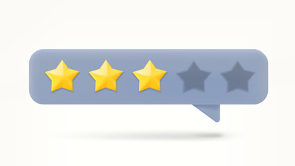 Speech bubble with 3 golden rating stars. Feedback concept. 3d vector illustration
