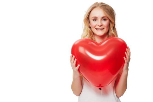 Happy, portrait and a woman with a heart balloon for love, care and valentines day. Smile, happiness and a mature lady with balloons for romance, date or isolated on a transparent png background - Powered by Adobe