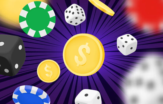 Casino game winning concept. Dice, casino chips and coins. Gamebling concept. 3d vector clipart

