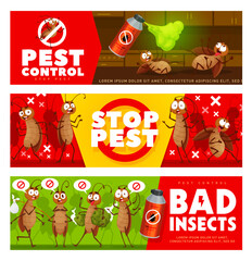 Pest control, cartoon cockroach characters and insects extermination, vector banners. Pest control service with stop sign on funny cockroach, kitchen disinsection and domestic parasites disinfestation