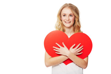 Portrait, heart and social media with a woman on valentines day isolated on a transparent...