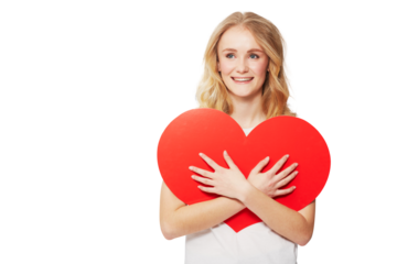 Portrait, heart and social media with a woman on valentines day isolated on a transparent background for romance. Love, emoji and icon with an attractive young female person hugging a shape on PNG