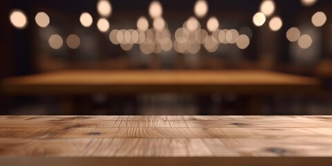 Empty wooden table top with blurred background