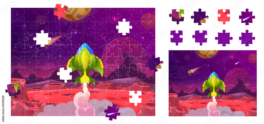 Poster Rocket launch from planet surface. Space galaxy jigsaw puzzle game pieces. Part connect quiz, fragment search vector puzzle worksheet with future spaceship or rocket launching from planet surface