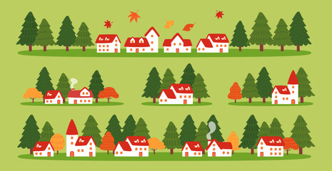 Forest and red roof house illustration set