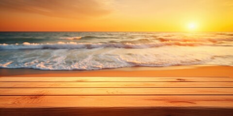 Obraz premium wooden table sunset beach with generative ai