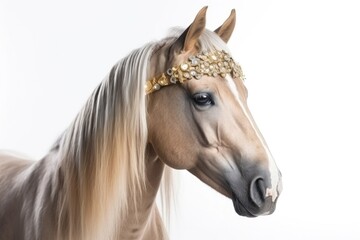 Beautiful horse with an ornament on his head, white background. Generative AI