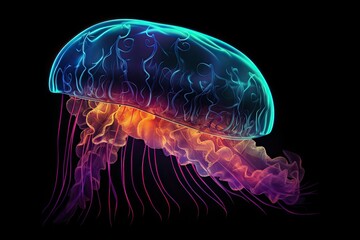 Glowing neon jellyfish on a black background. Generative AI