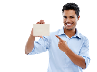 Business man, pointing to card and poster mockup in portrait with advertising isolated on transparent png background. Signage, company logo and branding with male professional, marketing and info