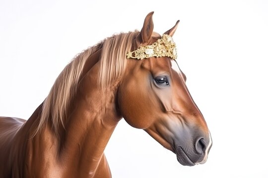 Portrait of a beautiful brown horse with jewelry on his head isolated on a white background. Generative AI