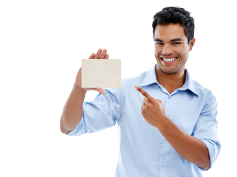 Business man, pointing to card and poster mockup in portrait with advertising isolated on transparent png background. Signage, company logo and branding with male professional, marketing and info