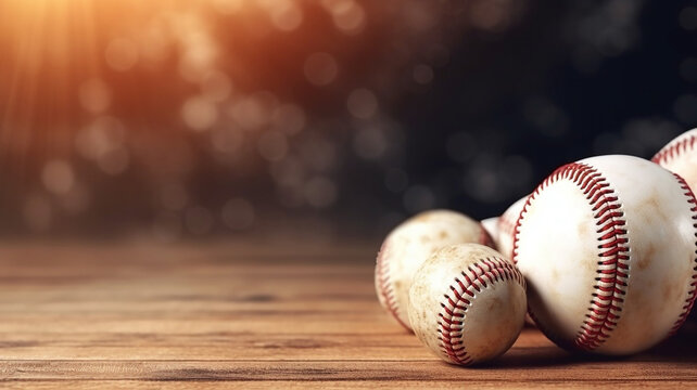 AI generative image about baseball with a baseball ball and a bokeh blurry stadium as background 