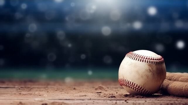 AI generative image about baseball with a baseball ball and a bokeh blurry stadium as background 