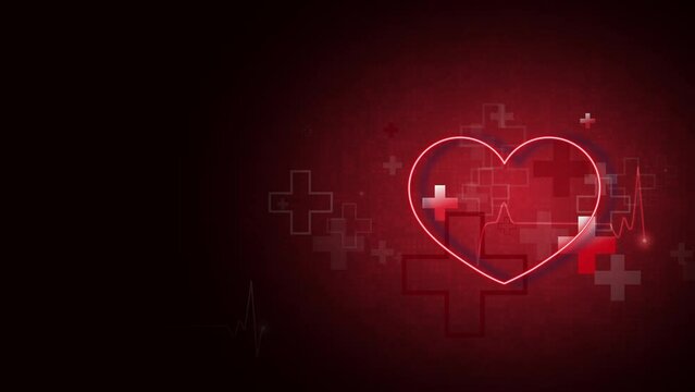 Red heart shape with animated cardio pulse. Health care medical background with crosses symbols of help. Looped motion graphics.
