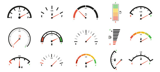 Fuel gauge scales. Gas meter, petrol level indicator for car dashboard panel design. Gage dials with empty and full marks vector set