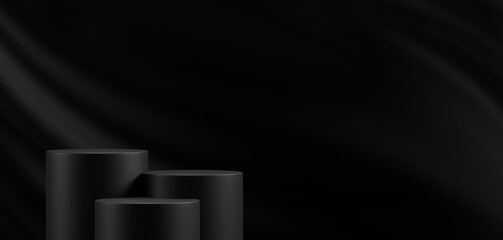 Black friday concept design of blank podium on black fabric background 3D render - 613116219
