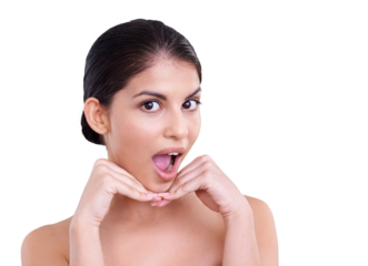 Portrait, surprise and Indian woman with skincare, beauty and model isolated on a transparent background. Face detox, female person or girl shocked, wellness or cosmetics with png or morning routine