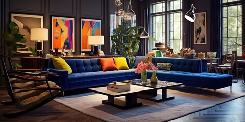 AI Generated. AI Generative. Architecture indoor decoration design. Living room appartment with vibrant bright blue yellow navy design decoration. Graphic Art