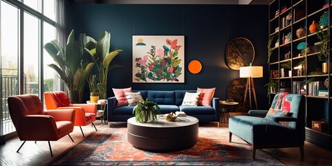 AI Generated. AI Generative. Architecture indoor decoration design. Living room appartment with vibrant bright blue yellow navy design decoration. Graphic Art