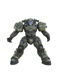 Futuristic soldier standing in a powered combat suit with camouflage colours. Isolated 3D rendering.
