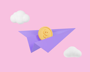3D paper airplane icon on purple isolated green background.Social media online icon.Origami paper plane,Send message.3D rendering,illustration