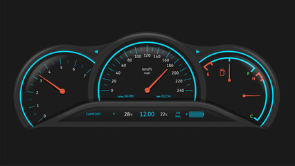 Car dashboard. Vehicle performance monitoring indicators and gauges, fuel level and speedometer ui vector illustration - obrazy, fototapety, plakaty